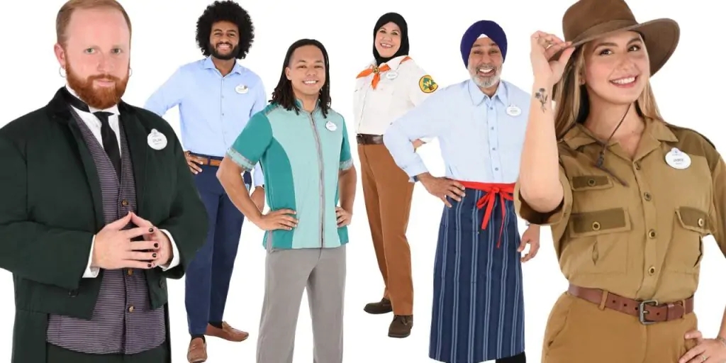 An image of Disney Parks cast members in new costumes after the company changed their costume policies. 